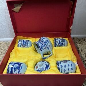 Luoshi Chinese ceramic tea set brocade fabric covered Box. In manufacturer Pkg.